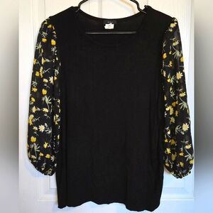 Floral Sheer Sleeved Black Top